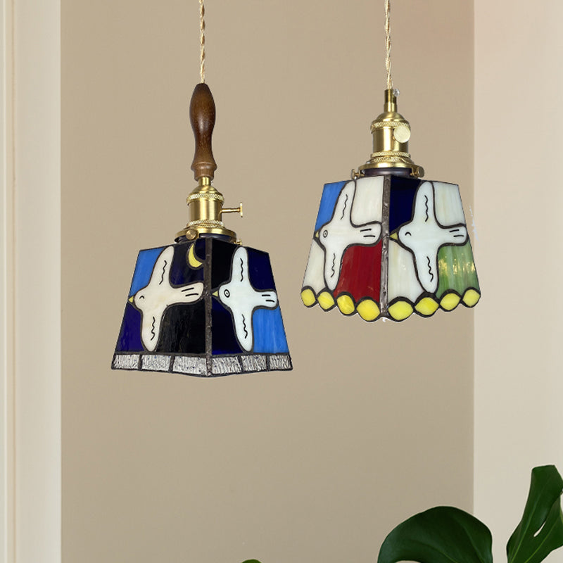 Retro Colourful Brass Glass Small Pendant Lamp With Creative Peace Dove Patterns For Restaurant