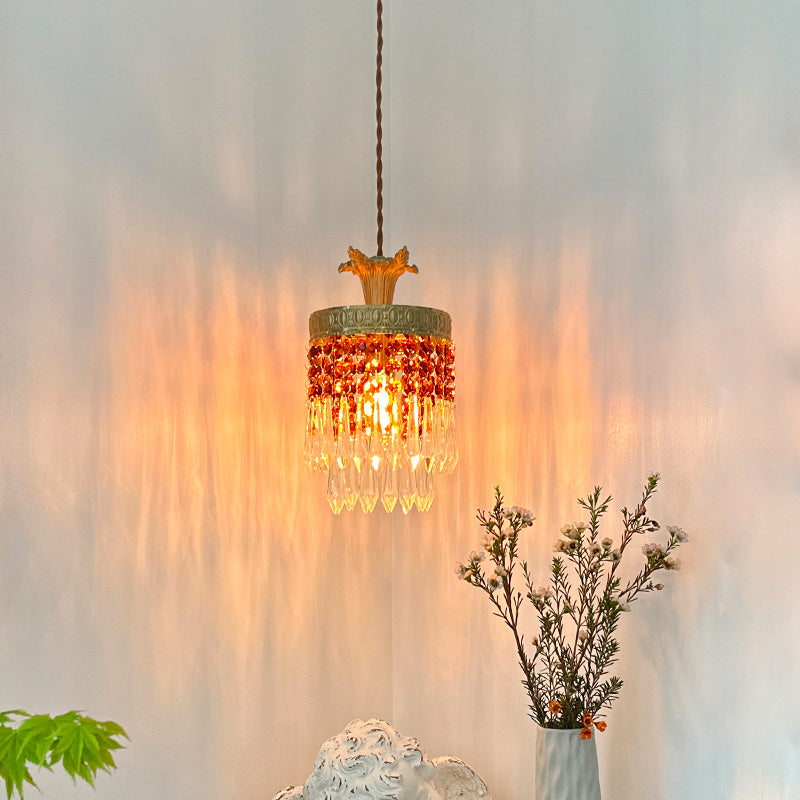 Wind Chime Shape Vintage Brass Pendant Light With Opulent Fringed Crystal Glass For Restaurant