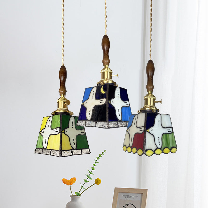 Retro Colourful Brass Glass Small Pendant Lamp With Creative Peace Dove Patterns For Restaurant