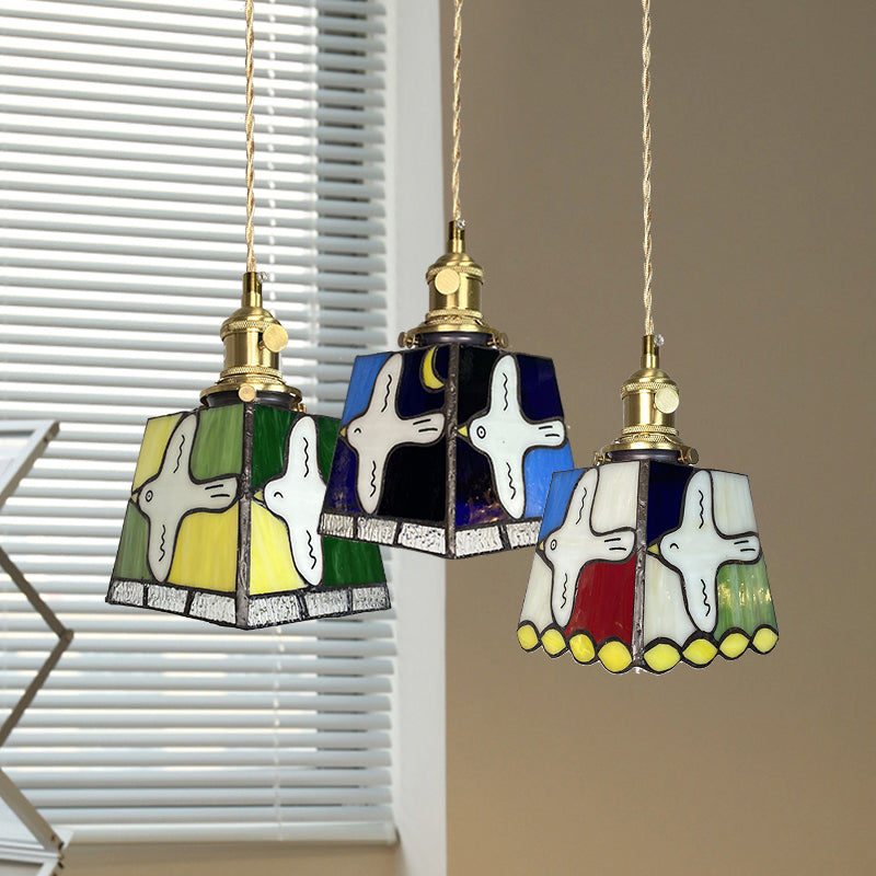 Retro Colourful Brass Glass Small Pendant Lamp With Creative Peace Dove Patterns For Restaurant