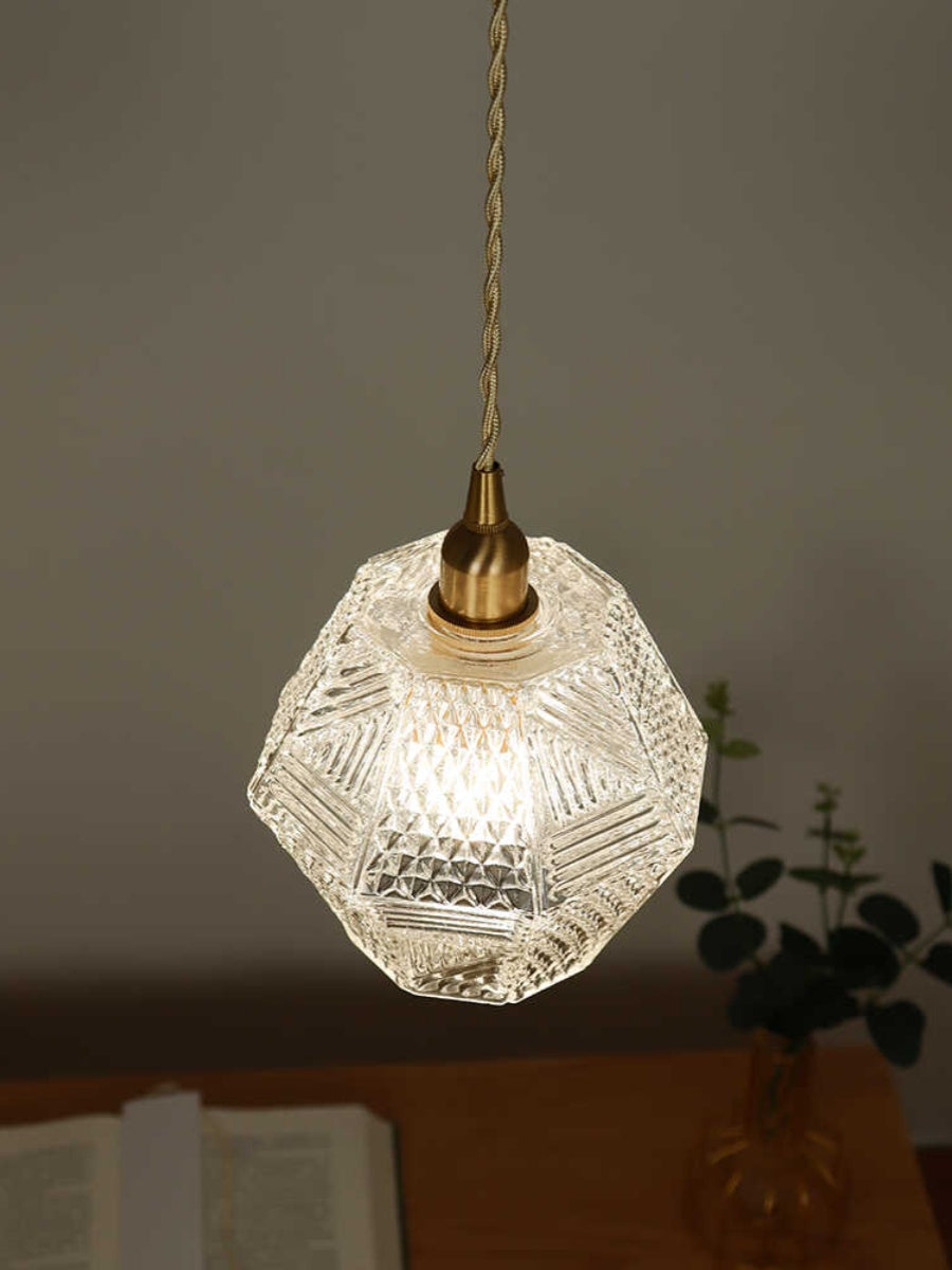 Scandinavian Elegant Brass Small Pendant Lamp With Polygonal Glass For Bedroom